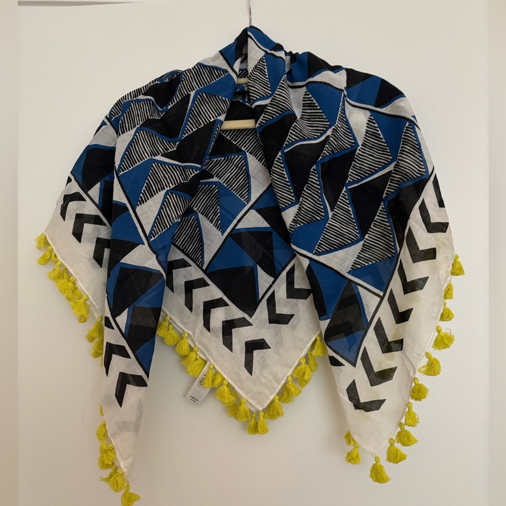 Joe Fresh Geometric Blue and Black Scarf with Yellow Tassels
